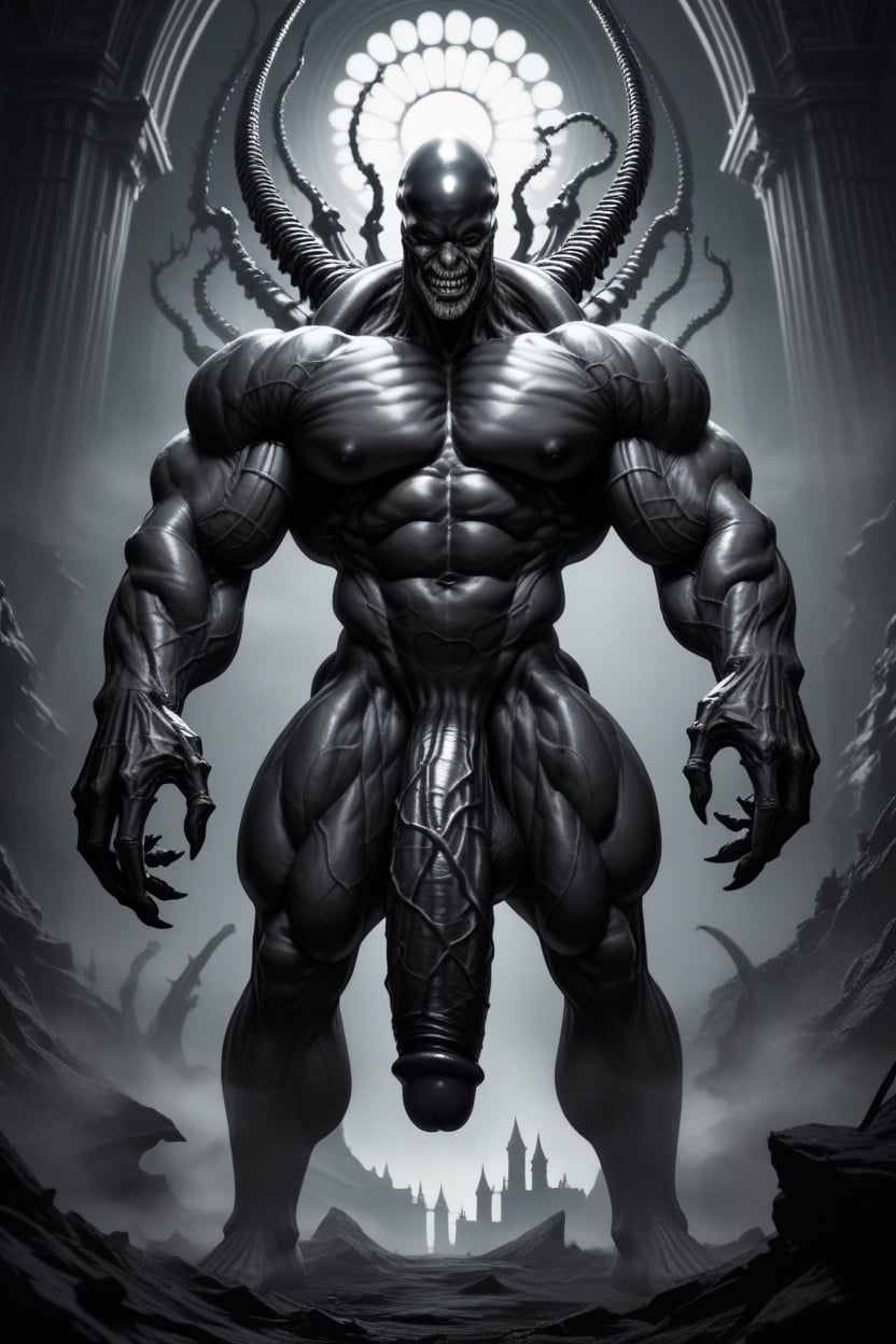 Hyper Exaggerated Gigantic Muscle, Large Testicles, Skin Pierced With Fine Metallic Wires And Black Gold Rings AI Gay Porn