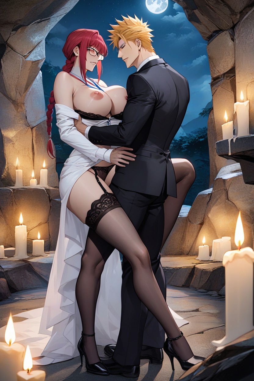 Makima, Stone Bed With White Cloth, And Looks Shiny She Wears Glasses With Square Frames Hentai AI Porn