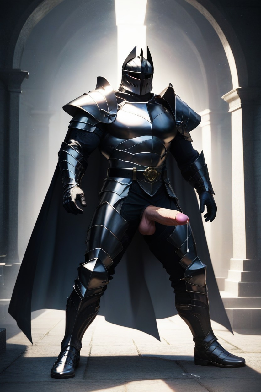 Wearing Full Black Metal Armor, Black Armor Gloves, Black Cape ゲイAIポルノ