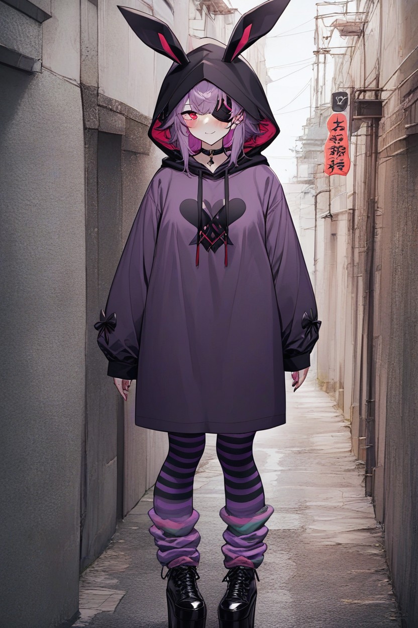 Standing, Big Black Ribbon Bow On One Ear, Fake Eyes Made Of Buttons On Hood Hentai AI Porn