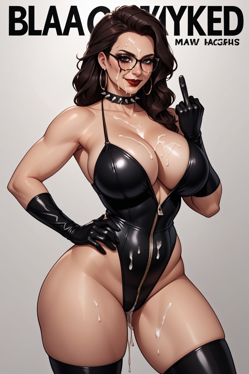 Dark Red Lipstick, Unzipped Latex Leotard, 50+ Hentai AI Porn