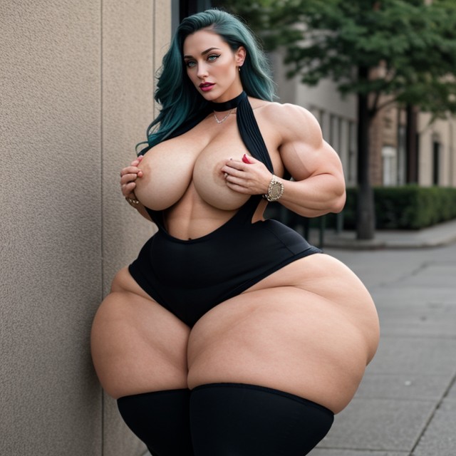 Glossy Purple Lipstick, Beautiful Bimbo Face, Extremely Steroid Muscular AI Porn