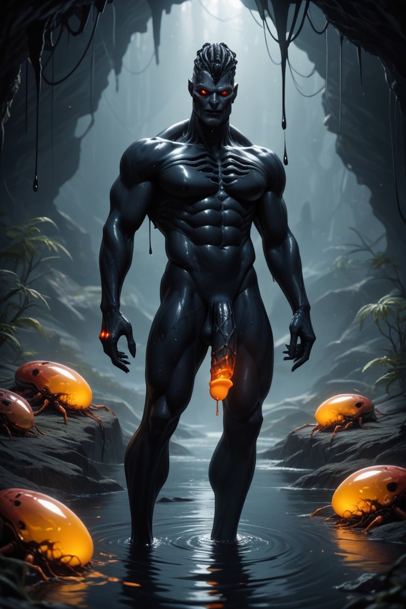 Hardon, Glowing Red Biomech Cave, His Penis Is Fully Exposed AI Gay Porn