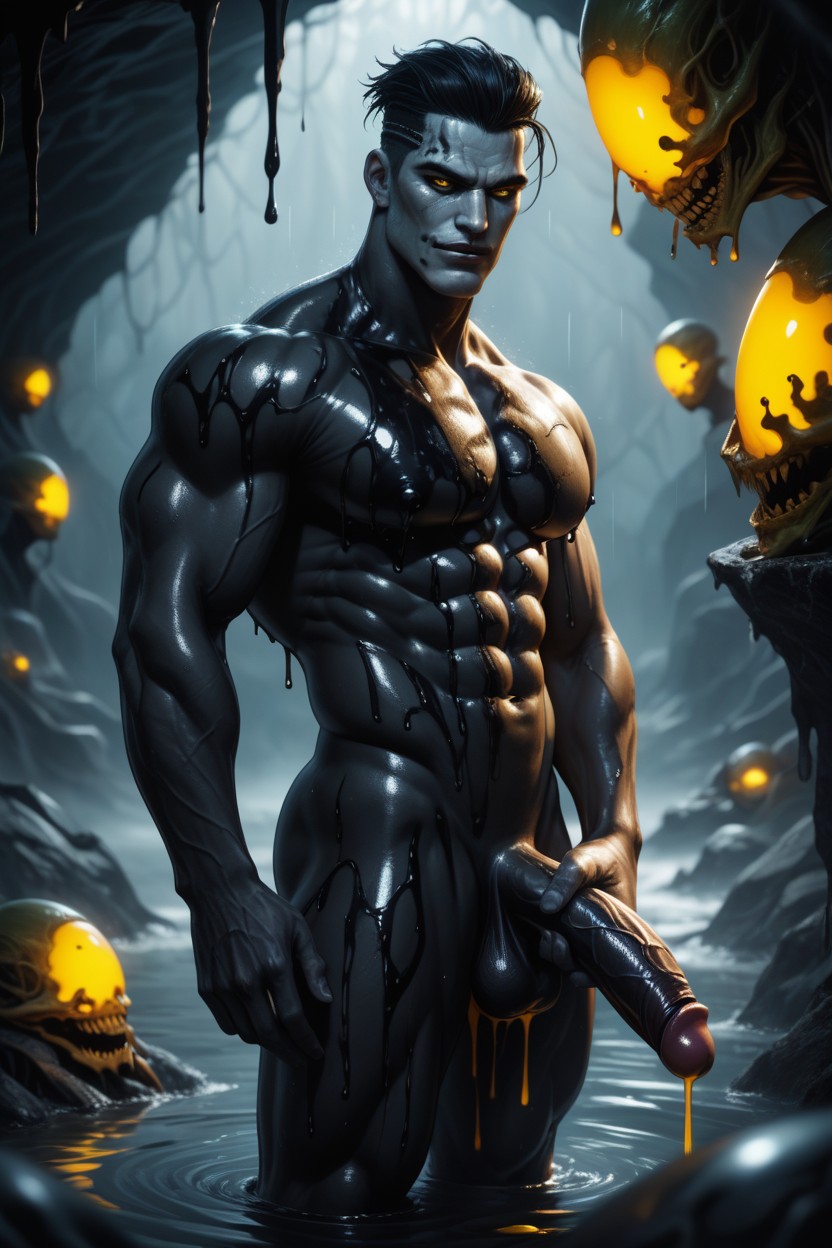 Side View, Armor Growing From Legs And Back, Glowing Yellow Biomech Cave AI Gay Porn