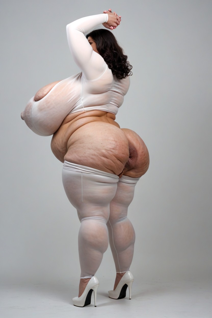 Large Scoop Neckline, Wrinkled Skin, Standing With Arms Up In The Air BBW AI Porn