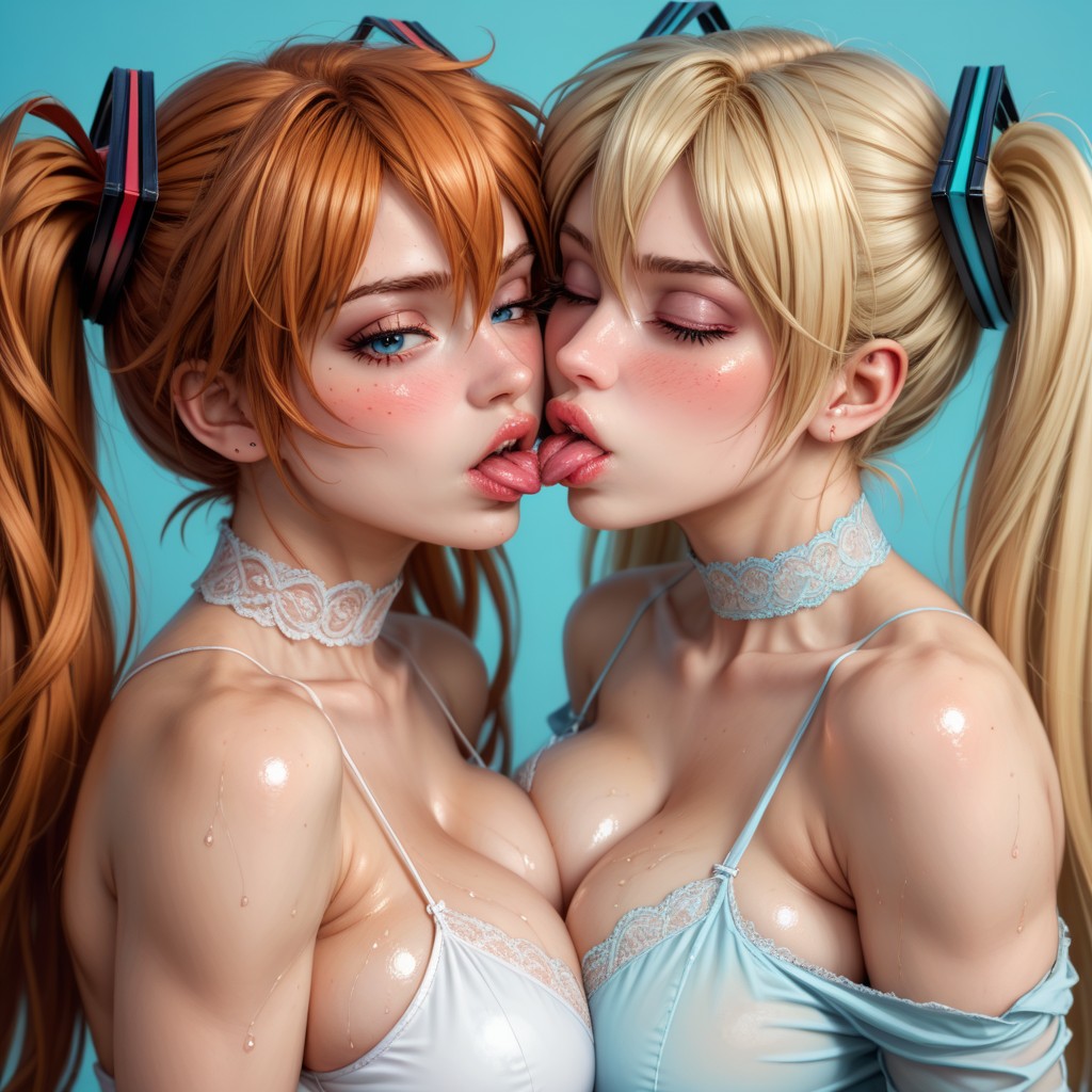 Horny Expression, Both Are Wearing Pastel White Lingerie, Breasts Pressed Together AI Porn