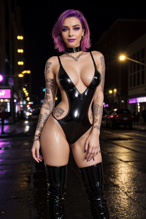 Long Sleeve Tattoos, Reflection On Wet Ground, Partially Naked AI Porn