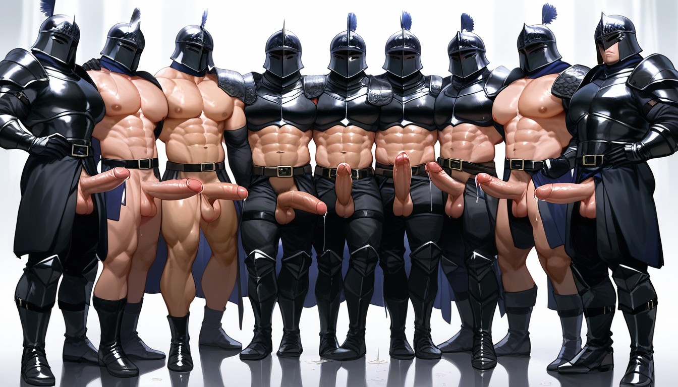Fully Clothed, Black Armor Gloves, Precum Dripping AI Gay Porn