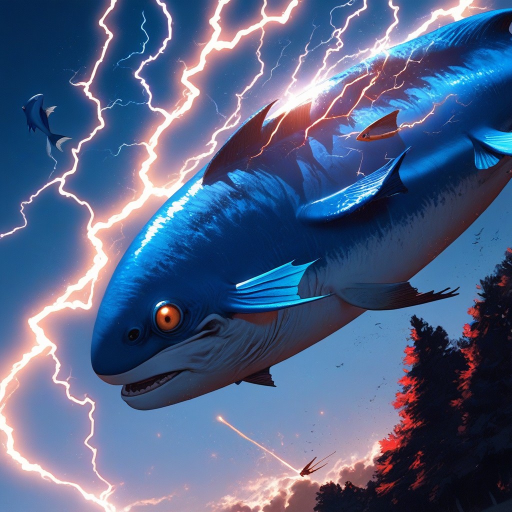Thunderstorm, A Blue Fish Getting Struck By Lightning, Close Up On Blue Fish Hentai AI Porn