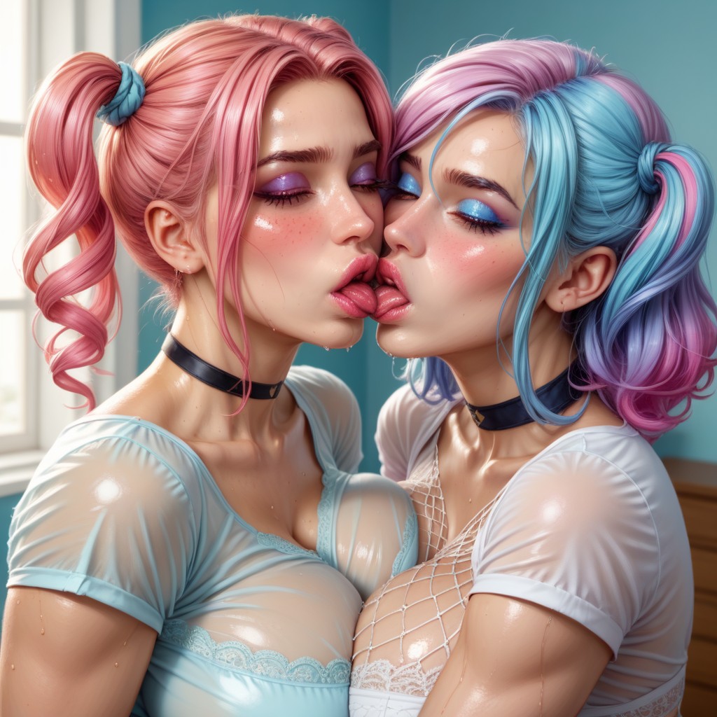 Embarrassed, Bodies Pressed Together, Lesbian Kissing AI Porn