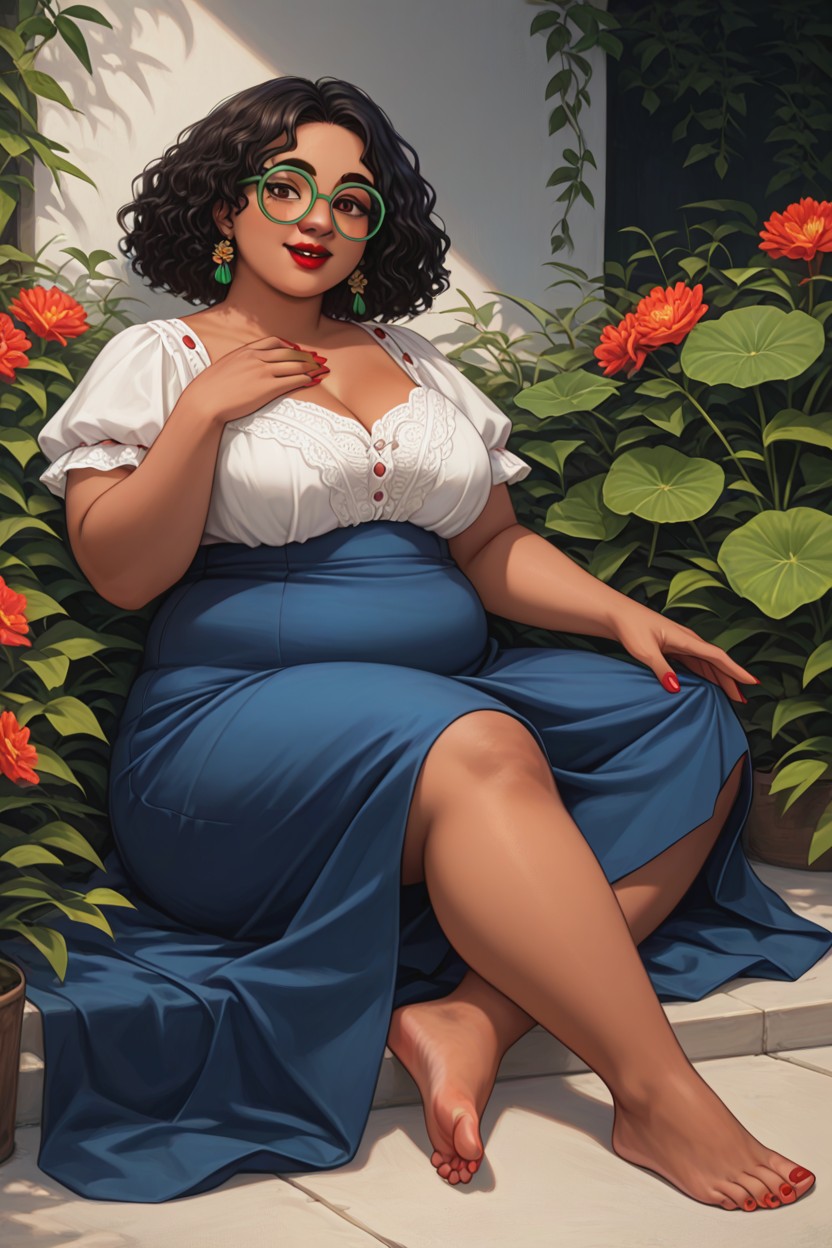 Long Blue Skirt, Bright Red Lipstick, Red Toenail Polish AI Porn