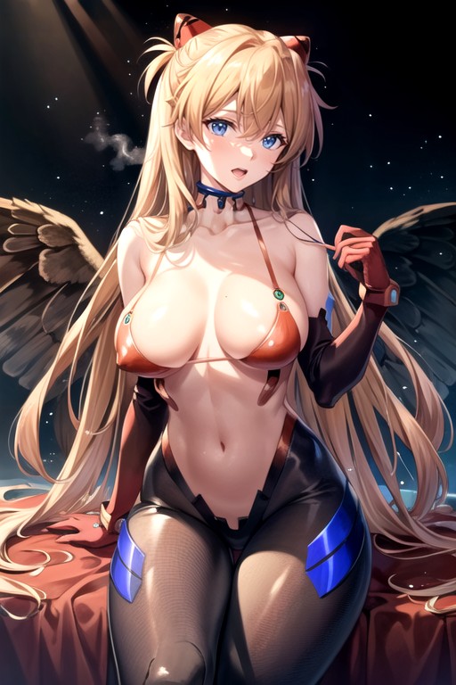 Shikinami Asuka Langleyneon Genesis Evangelion, Bold Black Swallowtail Embroidery On Light Blue T Back, Open Mouth Hentai AI Porn
