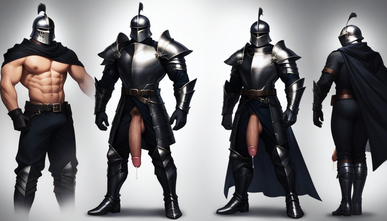 Black Knight Helmet, Legs Apart, Black Armor Gloves 게이 AI 야짤