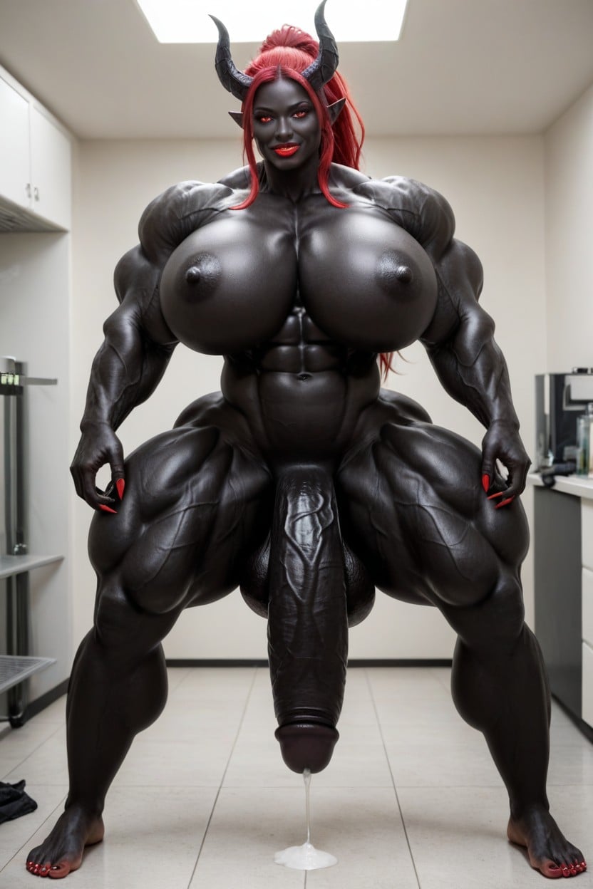 Gigantic Muscle Trapez, Red Lips, Long Ponytail Shemale AI Porn