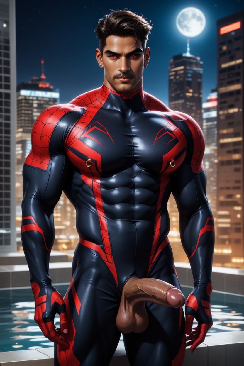Spiderman Costumeto Spiderman, Extra Large Inch Penis Poking Out, Neon Lit Buildings In Nueva York AI Gay Porn