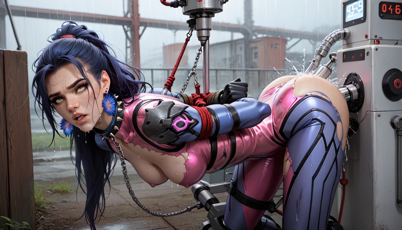 Torn Clothes, Neck Restrained, Restrained At Machine AI Porn