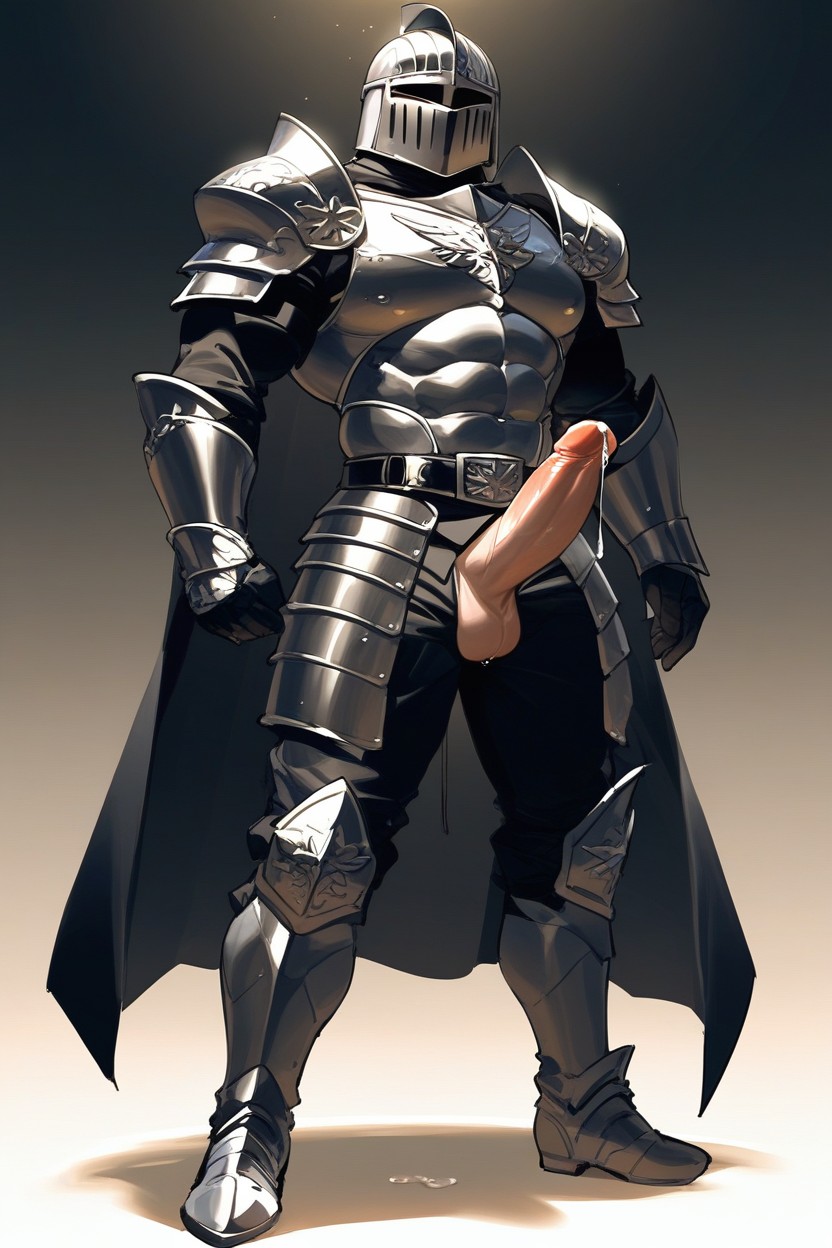 Face Fully Covered With Knight Helmet, Erect Penis, Black Knight Helmet AI Gay Porn
