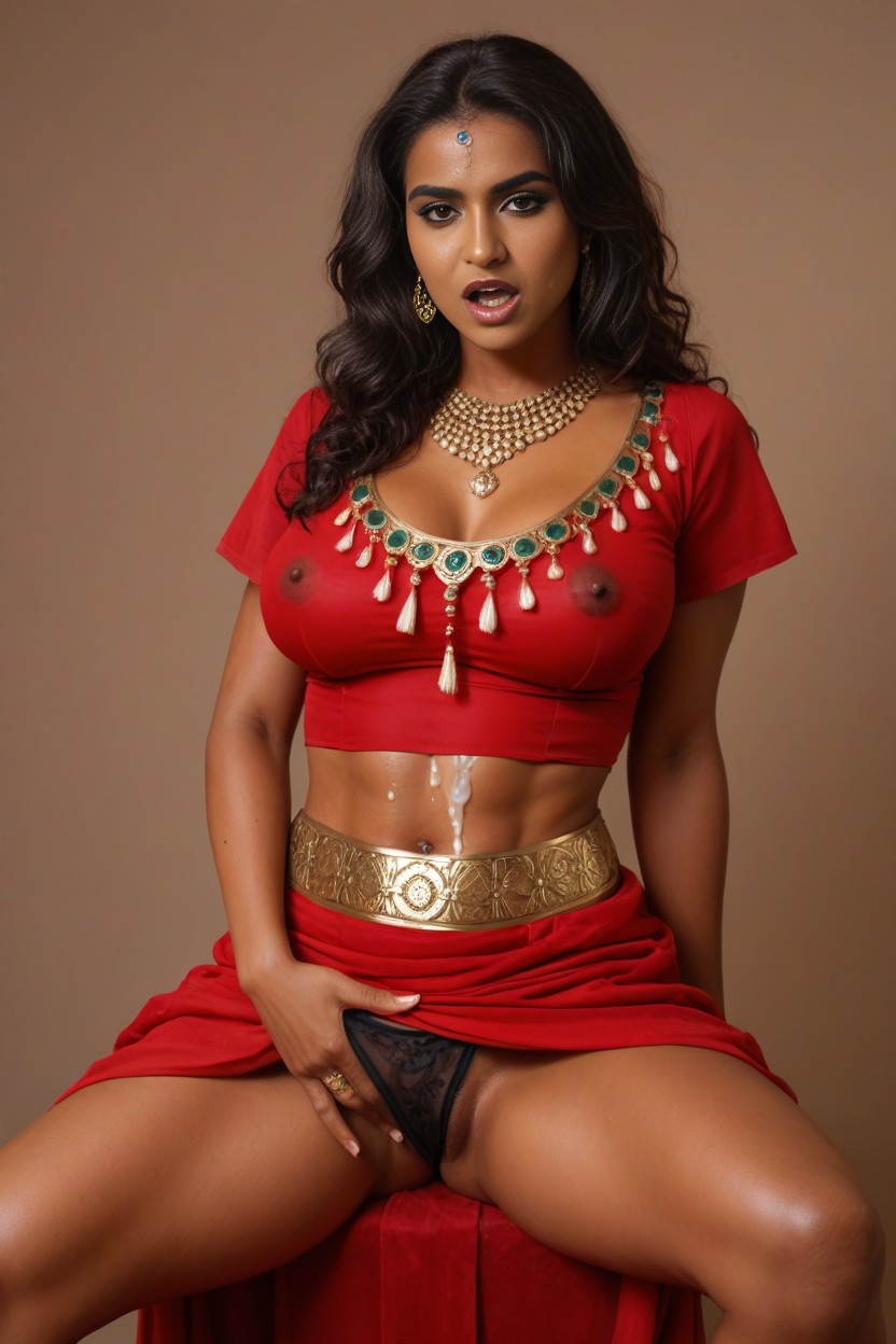 Red Gold Satin Indian Sari, Sheer Indian Stockings, Blouse AI Porn
