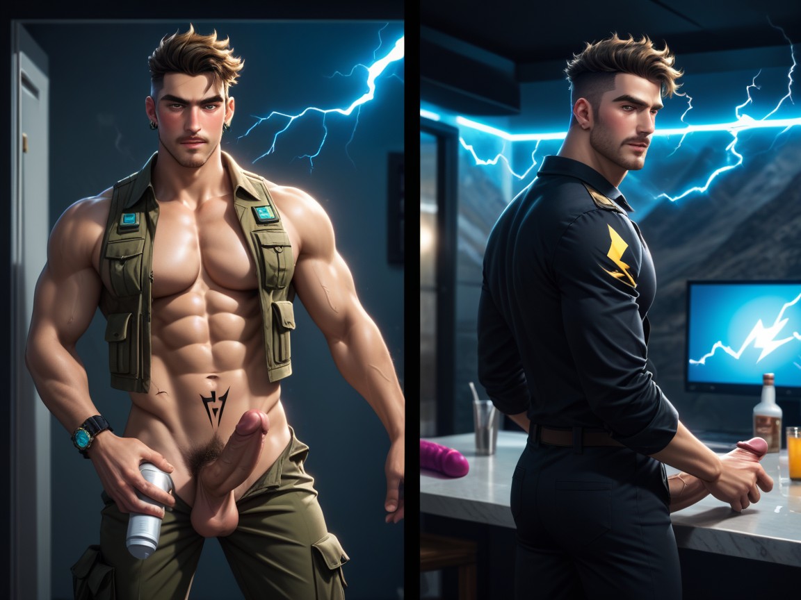 Flaming Lightning Tattoos On Face Arms And Neck, White Dust On Cock, Blushing AI Gay Porn