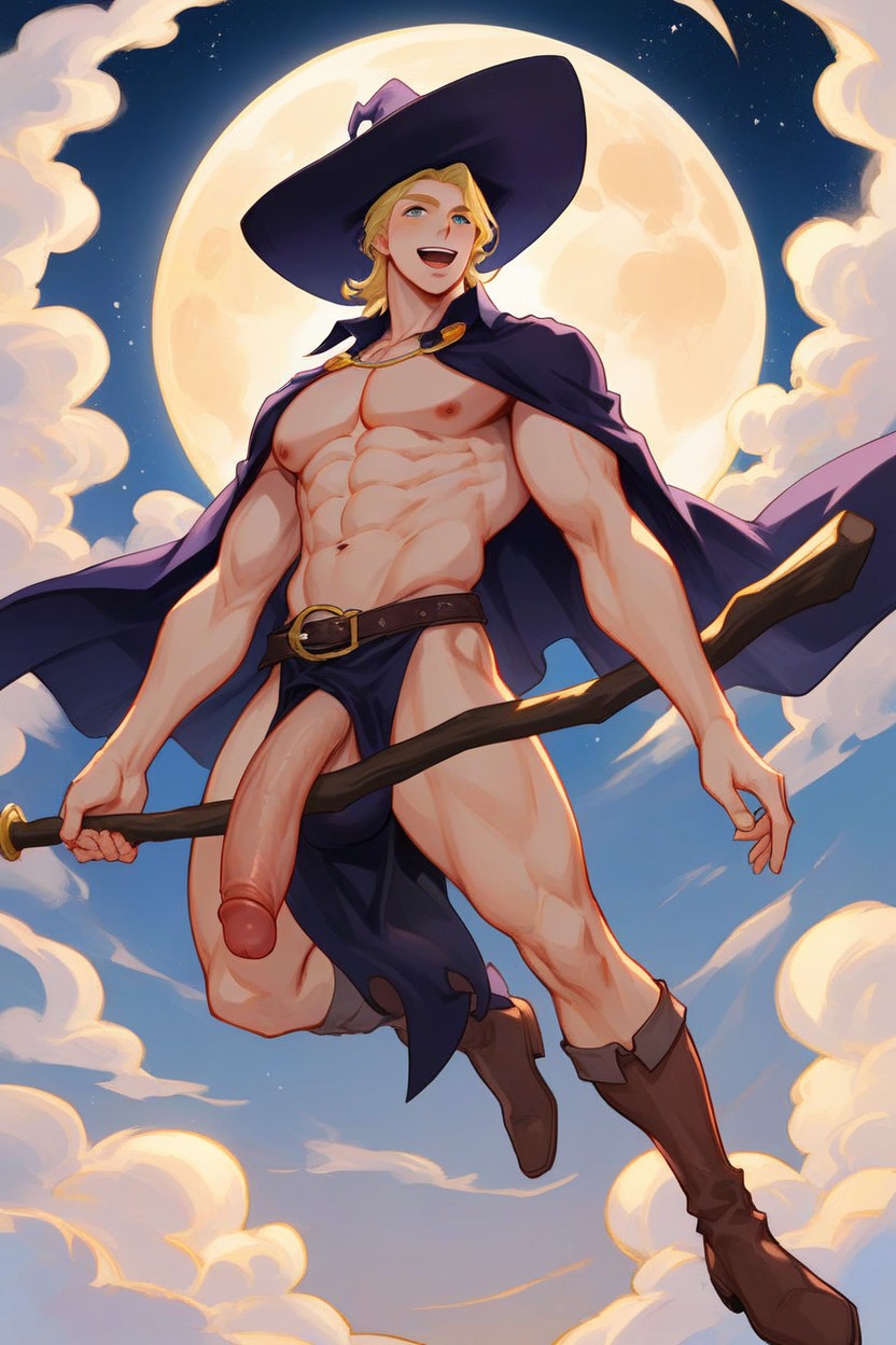 Riding On A Weathered Wooden Broomstick, Big Cock, Surrealist Skies 게이 AI 포르노
