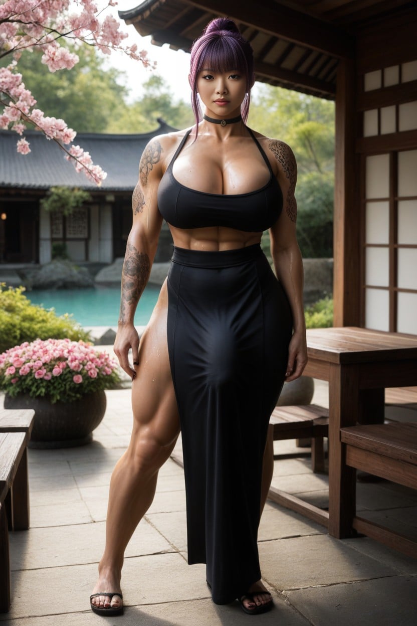 Tall Bulky Widest Amazonian Goddess, Perfect Asian Face, Chest Tattoos Shemale AI Porn