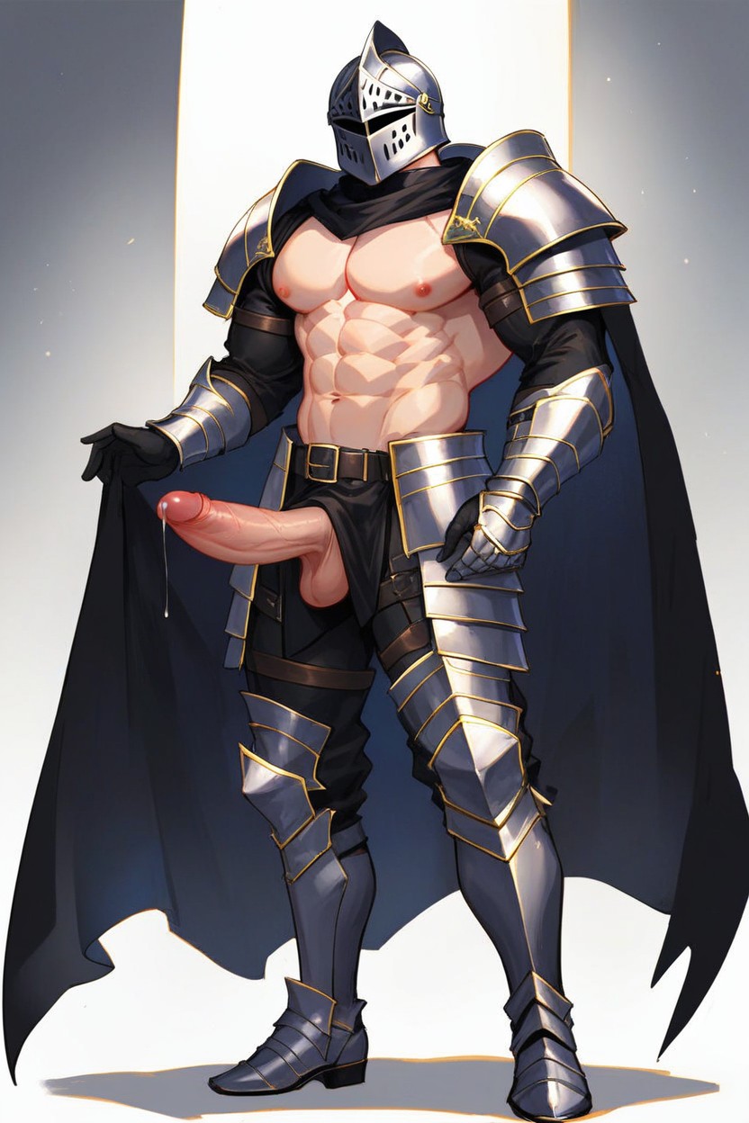 Long Penis, Precum Dripping, Black Metal Shoulder Armor AI Gay Porn
