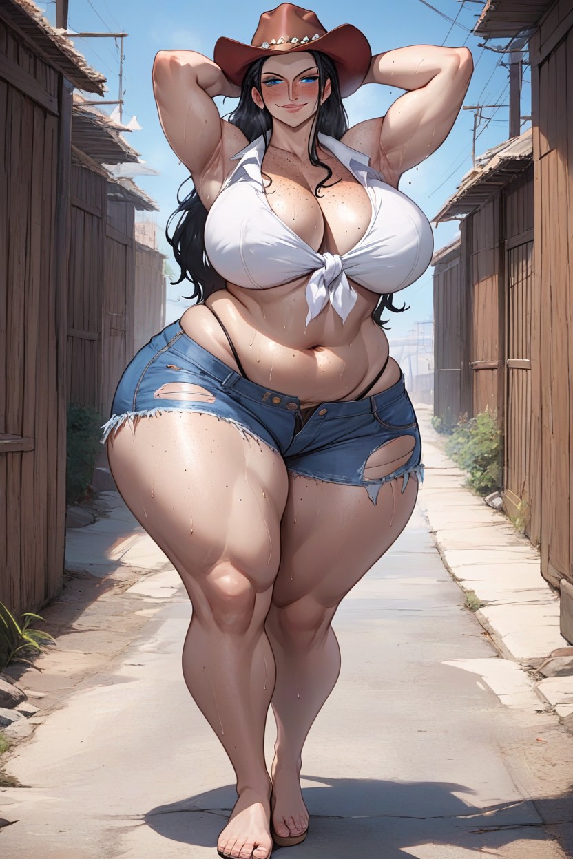 Pale Skin Wear Levis Shorts, Thick Thighs, Hands Behind Head Hentai AI Porn