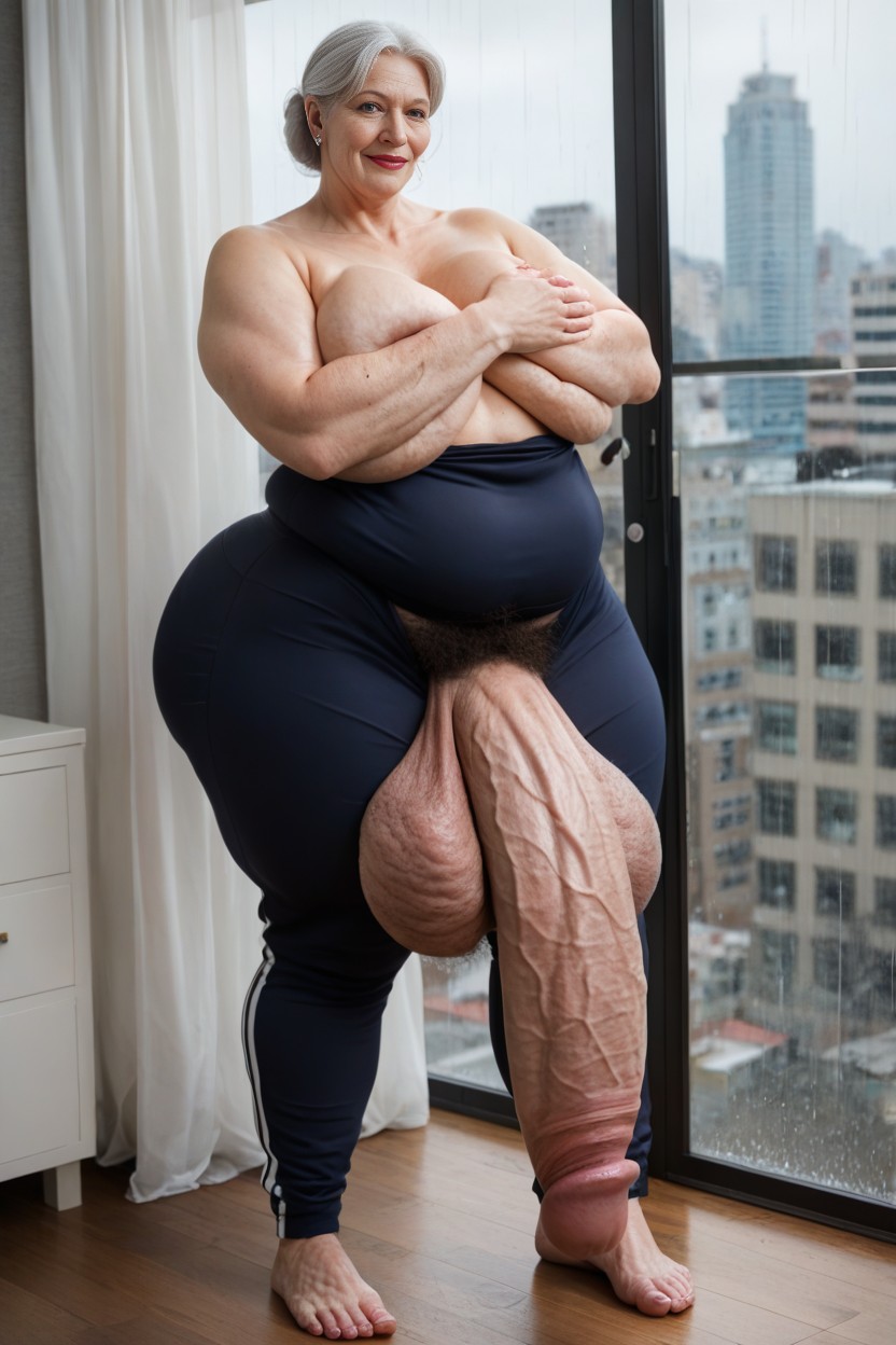 Flaccid Cock, Bulge Under Tracksuit, White Hair AI Porn