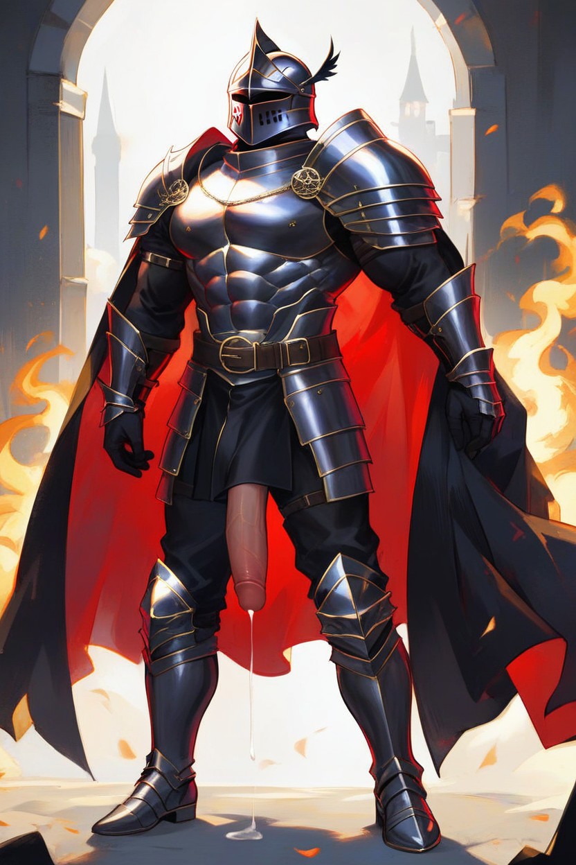 Black Knight Helmet, Black Armor Belt, Six Pack Abs Imprinted On Armor AI Gay Porn