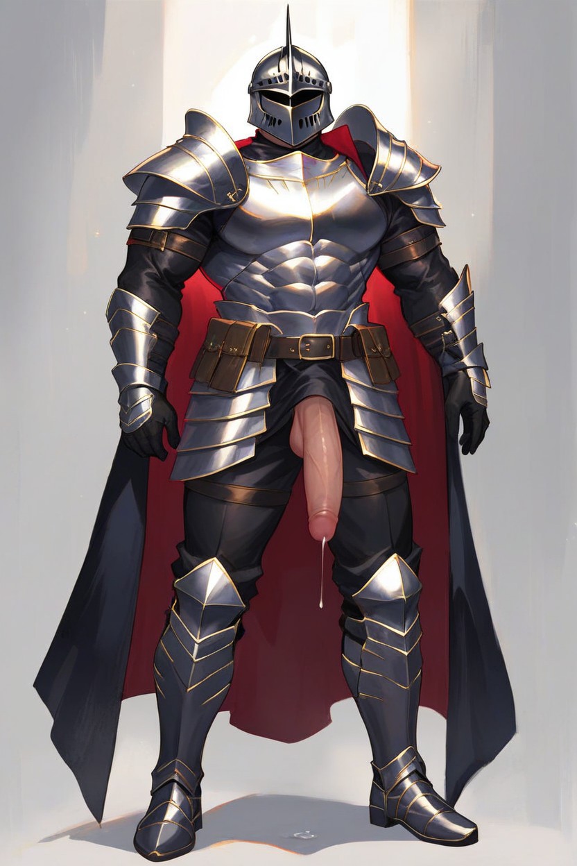 Front Side View, Legs Apart, Black Armor Gloves AI Gay Porn
