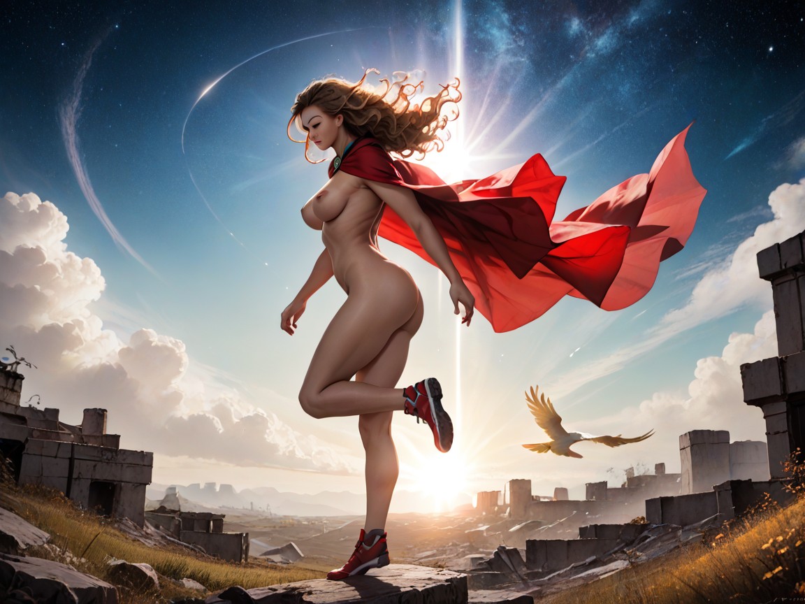 Red Cape Flying In The Wind, Bow And Arrows Strapped On Her Back, Ultra Detailed AI Porn