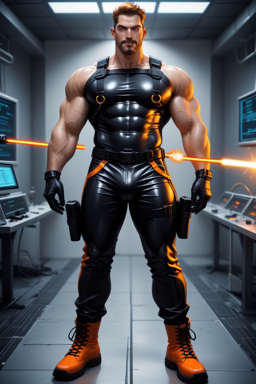 Laser Gun, Massive Pecs, Nipple Rings AI Gay Porn