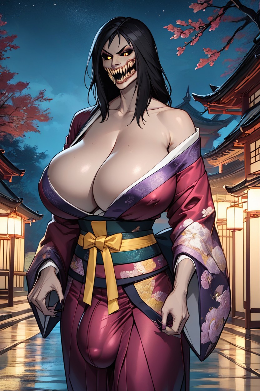 1 Person, Sharp Teeth Showing, Black Eyes Shemale AI Porn