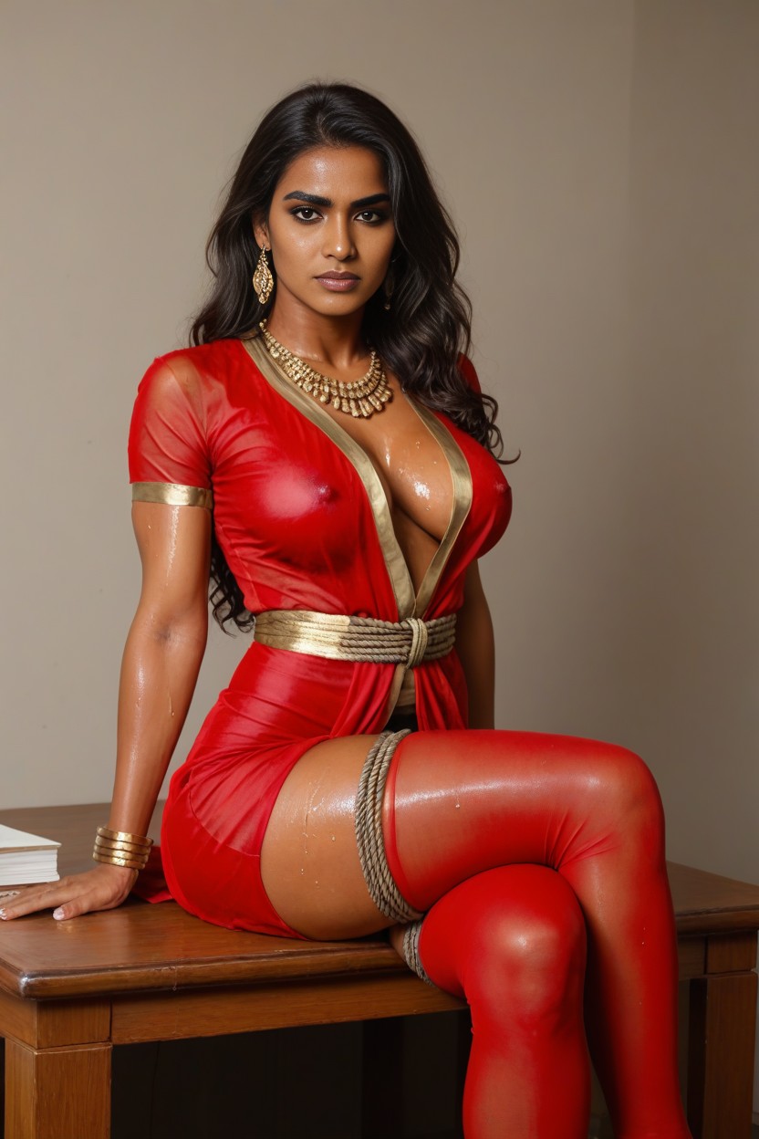 Body Dripping With Sweat, Disgusted, Red Gold Satin Indian Sari AI Porn