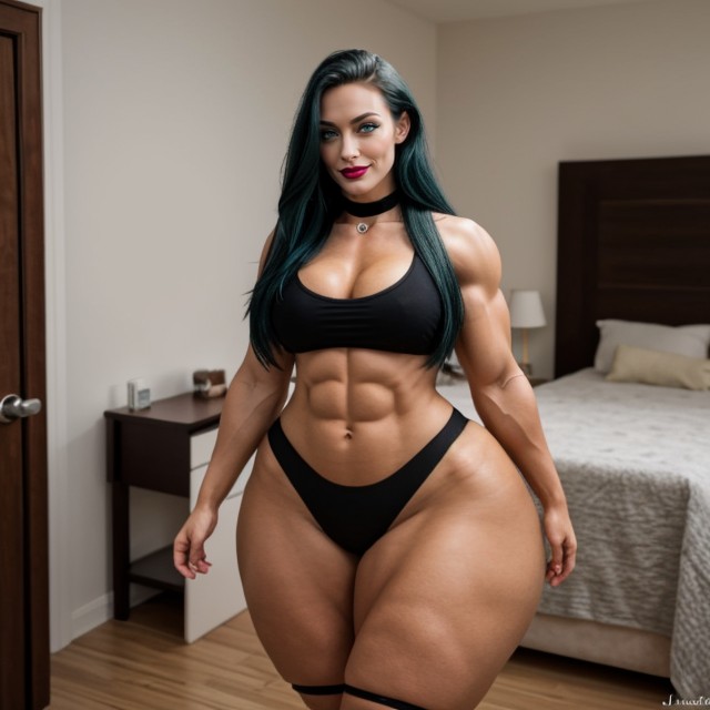 Bedroom, Oversized Colossal Gigantic Hyper Breasts, Black Choker AI Porn