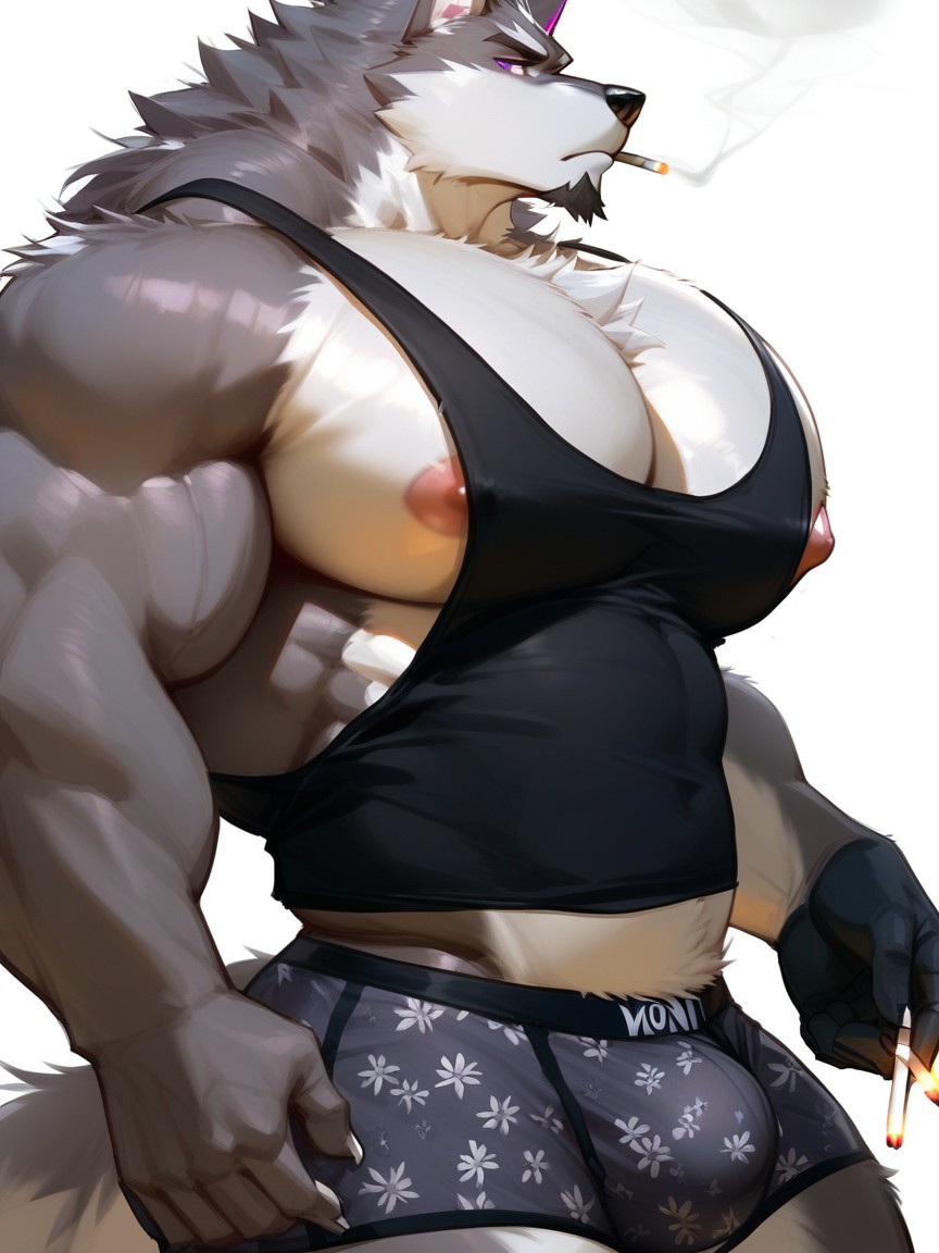 Biceps, White Pecs, Puffy Nipple Furry AI Porn