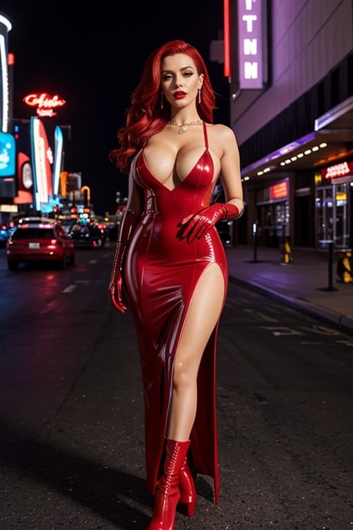 Red Latex Dress, Very Large Saggy Tits, Red Lips AI Porn