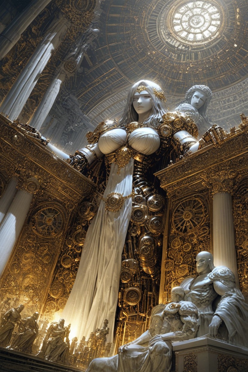 18+, Statue With Steampunk Mechanical Ribs, Intricate Mechanical Parts Hentai IA