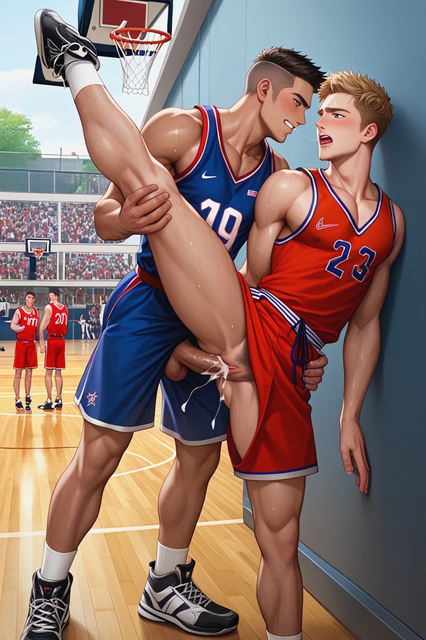 Basketball Courtyard, Dark Messy Hair, Drooling AI Gay Porn