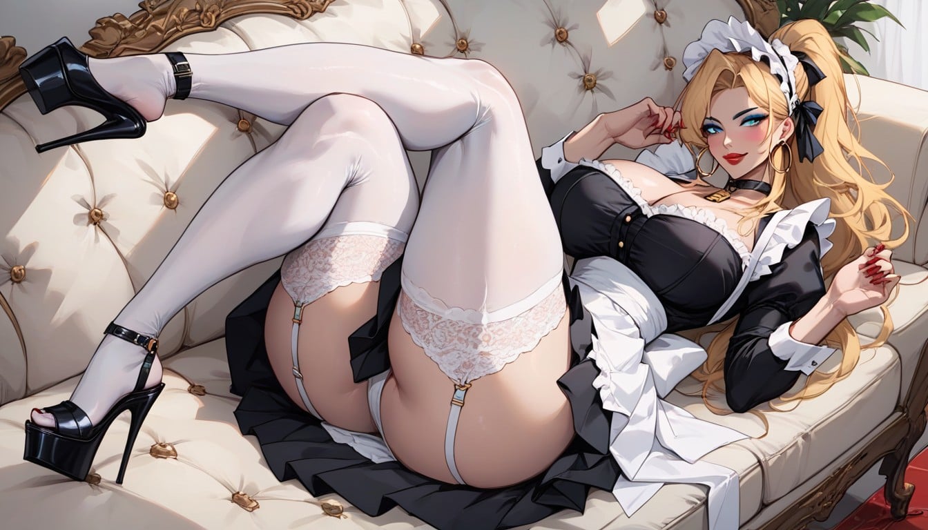 Tall, Ponytail Hair, Lying On A Couch Modeling Hentai IA