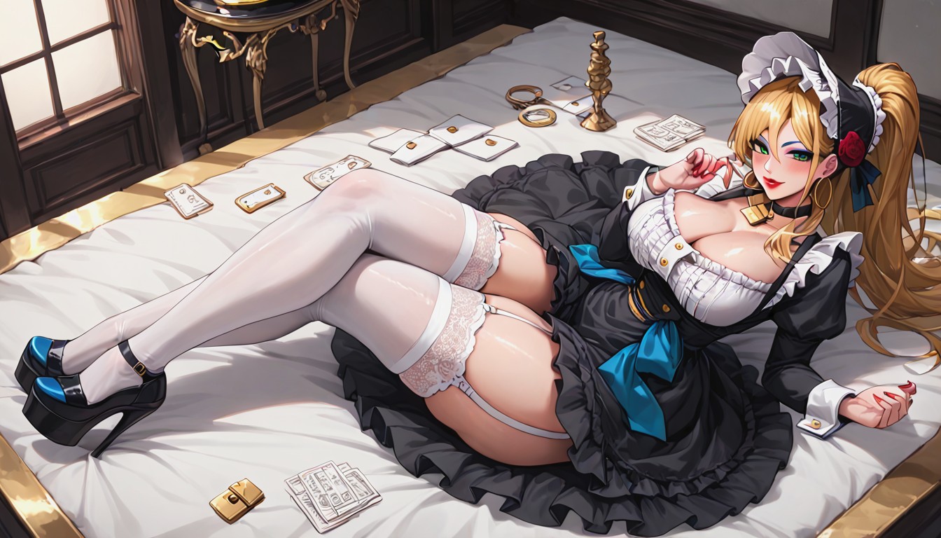 Ponytail Hair, White Cufflinks, Black Maid Uniform With White Frilly Lace Hentai IA