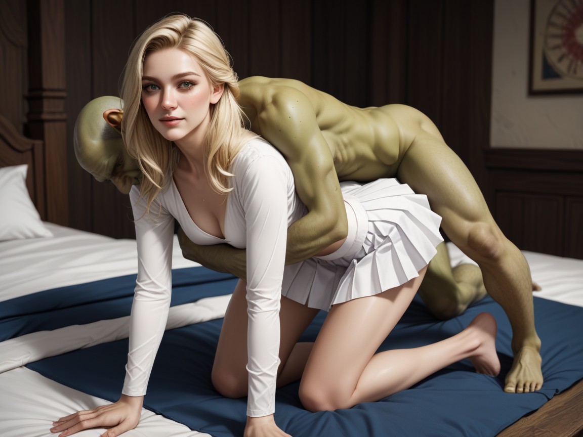 20+, Cum Dripping, Green Ugly Goblin Leaning On Her AI Porn