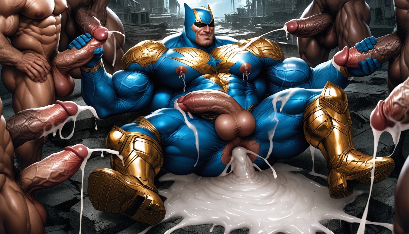 Muscle Hunk, Double Penetration, Cum Puddle AI Gay Porn
