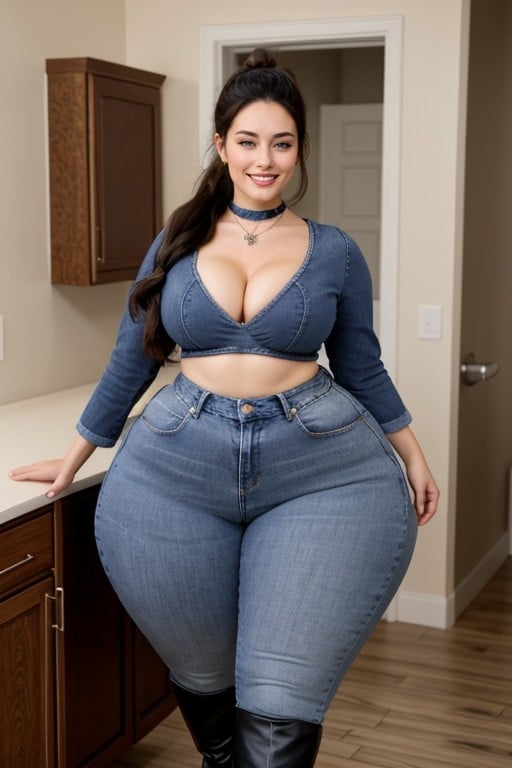 Long Length, Flowing Hair Past Her Waist And Wears A Choker And Necklace, Front Facing AI Porn