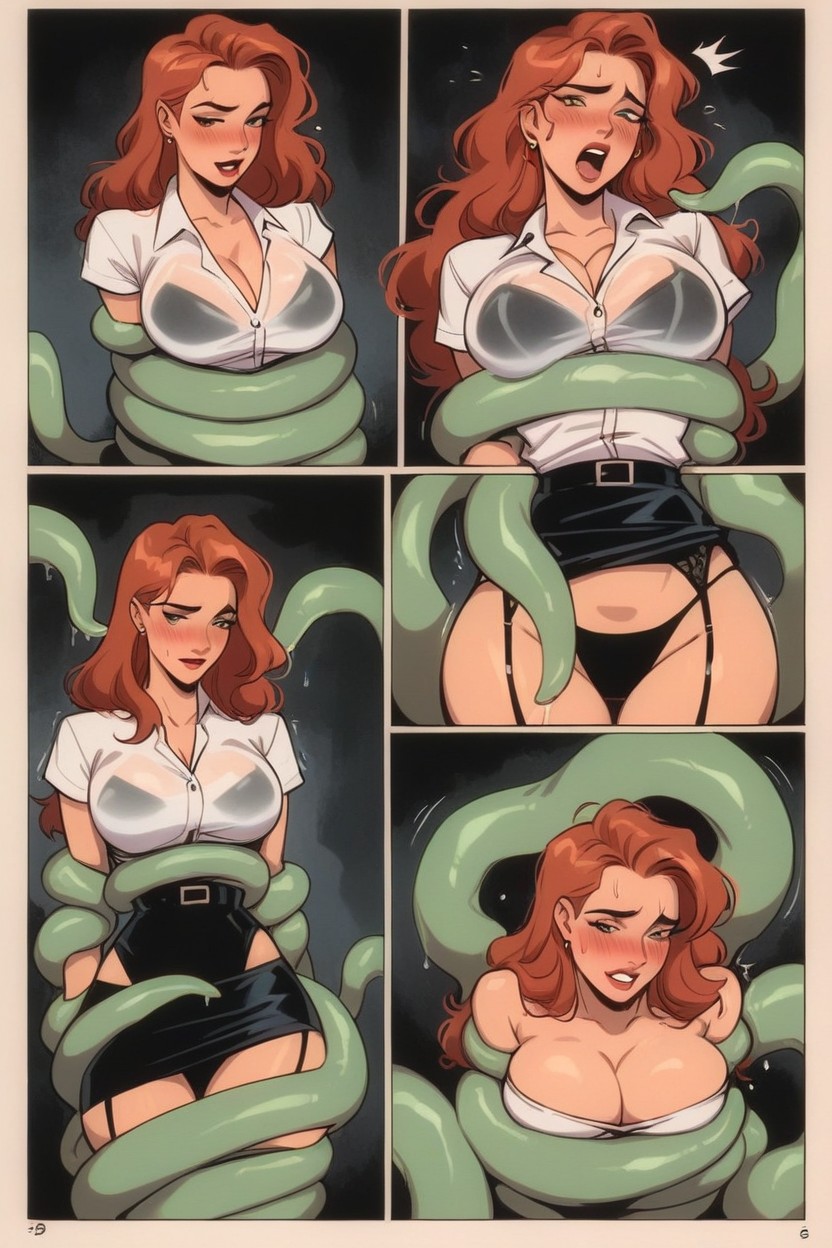 Comic Style Image Border, Wide Hips, Green Tentacles And Coiling Her Arms And Body Together Hentai IA