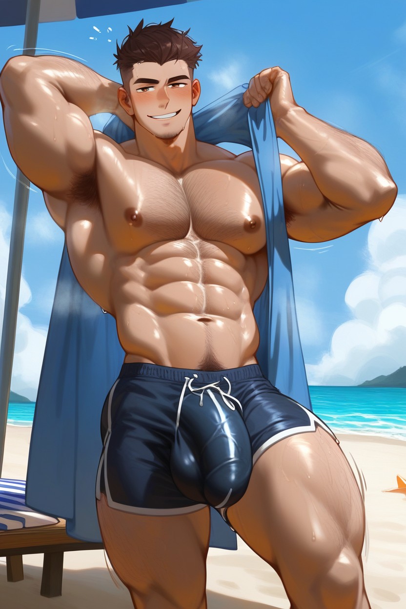 Veiny Cock, Pulled Down Swim Trunks, Dick Peeking Through The Towel AI Gay Porn