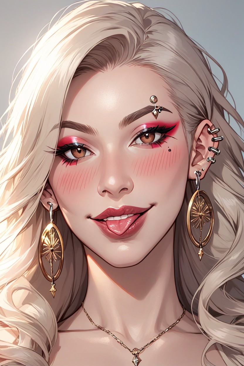Brown Eyes, Large Breasts, Upper Ears Pierced With A Pair Of Standard Sized Silver Rings AI Porn