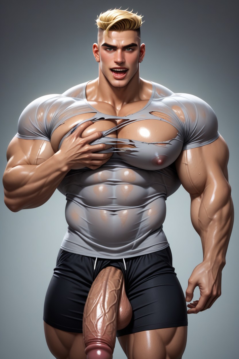Proudly Stroking Pecs, Broad Shoulders, Ripping Shirt AI Gay Porn