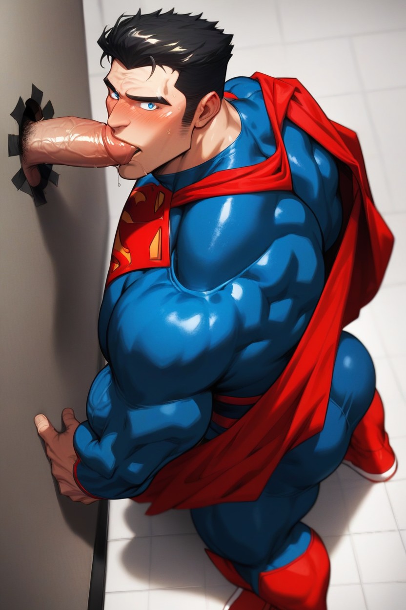 Red Boots, Fully Clothed In Blue Superman Costume, Massive Shoulders AI Gay Porn