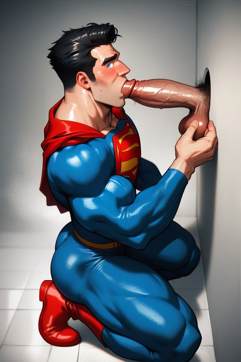 Superman On His Knees, Close Up, Superman Kneeling In The Glory Hole AI Gay Porn